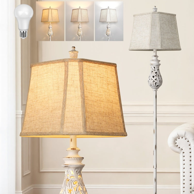 64-inch vintage floor lamp with night light function, three-level dimming rustic style tall standing lamp, with rotary switch and beige linen lampshade, suitable for living room, corner, bedroom and home decoration, white (bulb included)