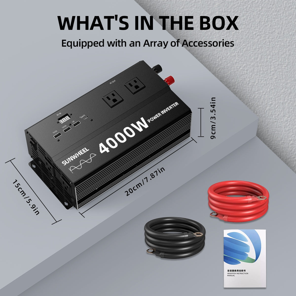 纯正波5000W 4000W 110V车载电源逆变器，快速充电，数字电压显示，智能快速充电，5000W大功率变压器-车载3个USB插头，1个Type-C插头，适用于汽车，家庭，笔记本电脑，卡车，美规插座