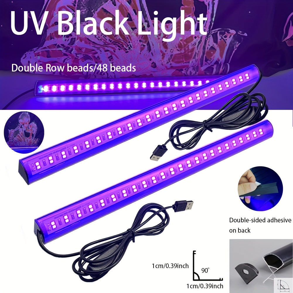 1/2-pack UV purple light tube, 48-LED UV black light, triangular USB black light, double-sided tape on the back for easy installation, suitable for holiday parties, fluorescent posters, stage lighting