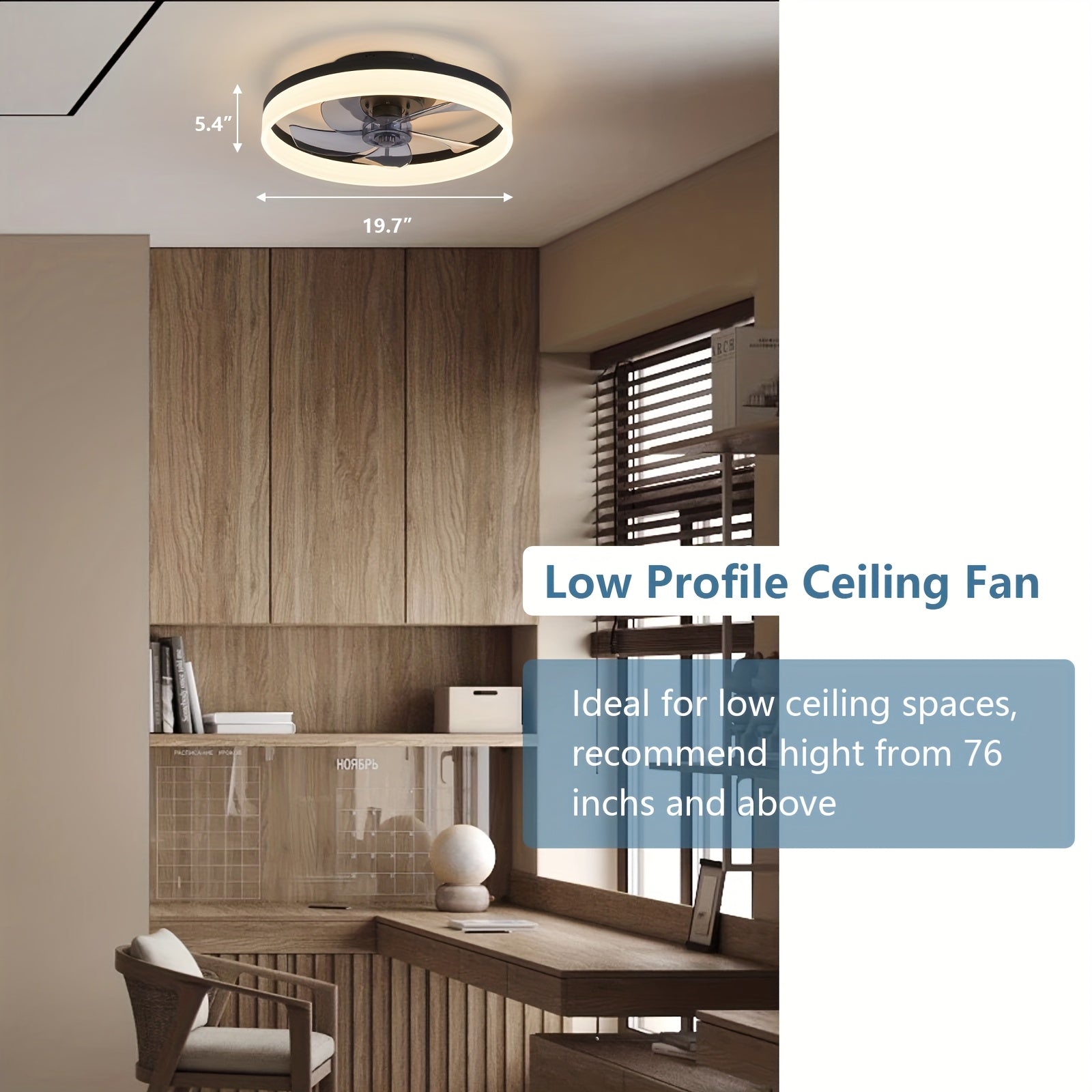 Low Profile 19.7 Inch Ceiling Fan with Light & Remote, Dimmable LED 3000K-6000K, 6 Speed Levels, Black Chandelier Fan for Bedroom Living Room