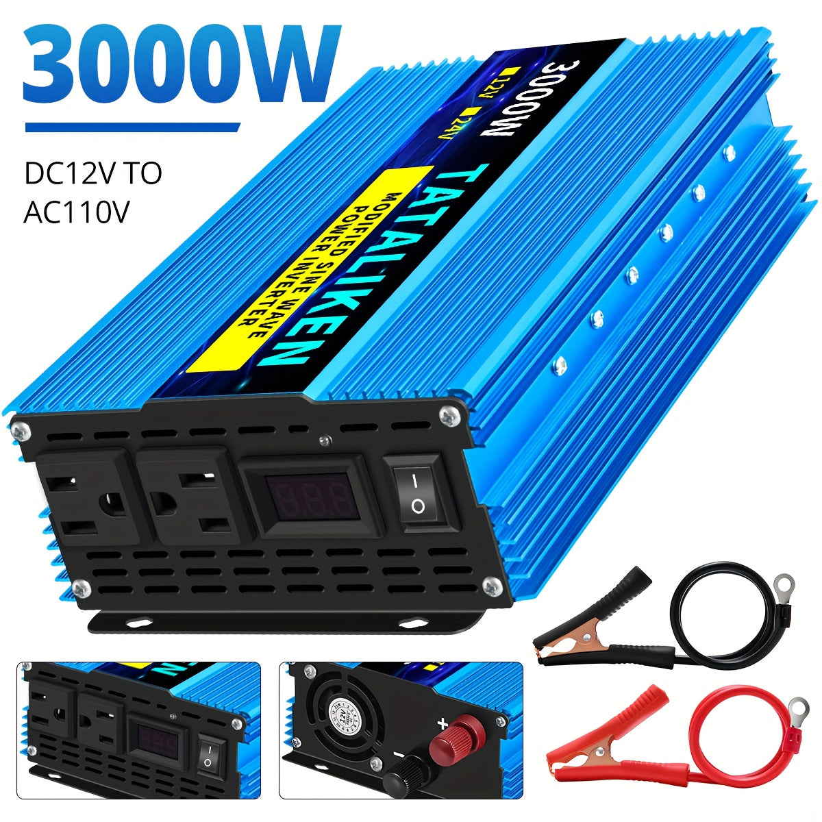 TATALIKEN 电源逆变器3000W/4000W(峰值功率), DC12V转AC110V, 家用备用电源逆变器/低噪音适用于车载, 汽车、房车、卡车以及电子设备，不带电池
