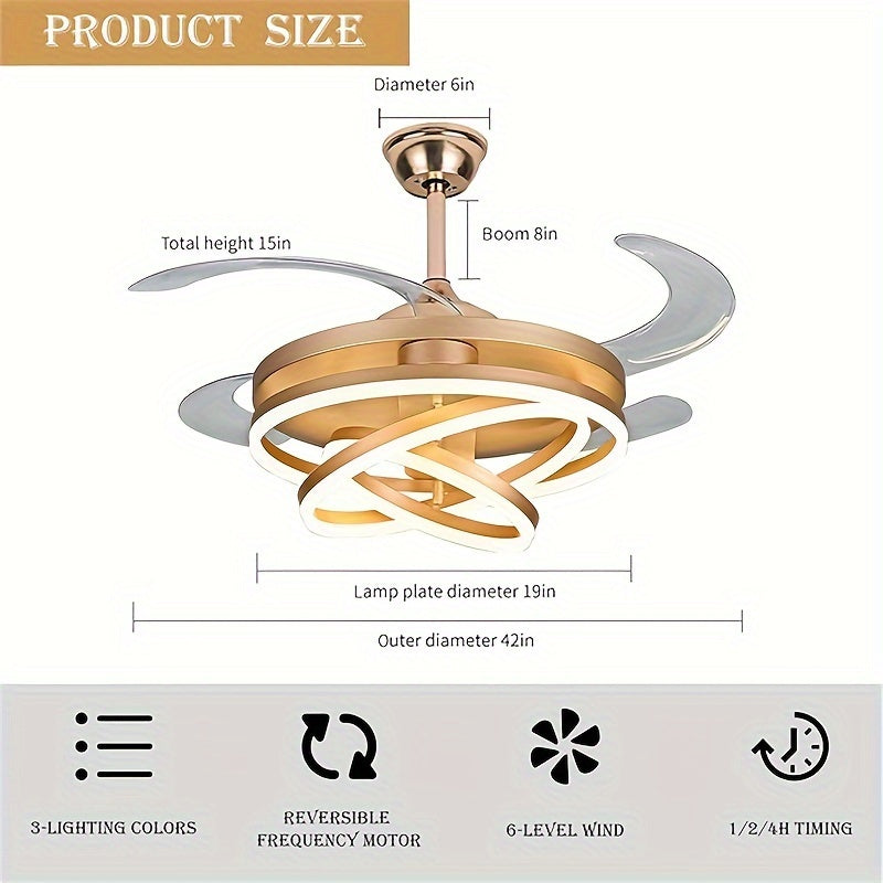 This 42 Inch Ceiling Fan Features Modern Stylish Design with 4 Retractable ABS Blades, Perfect for Bedroom Living Room Dining Room and Home Decoration