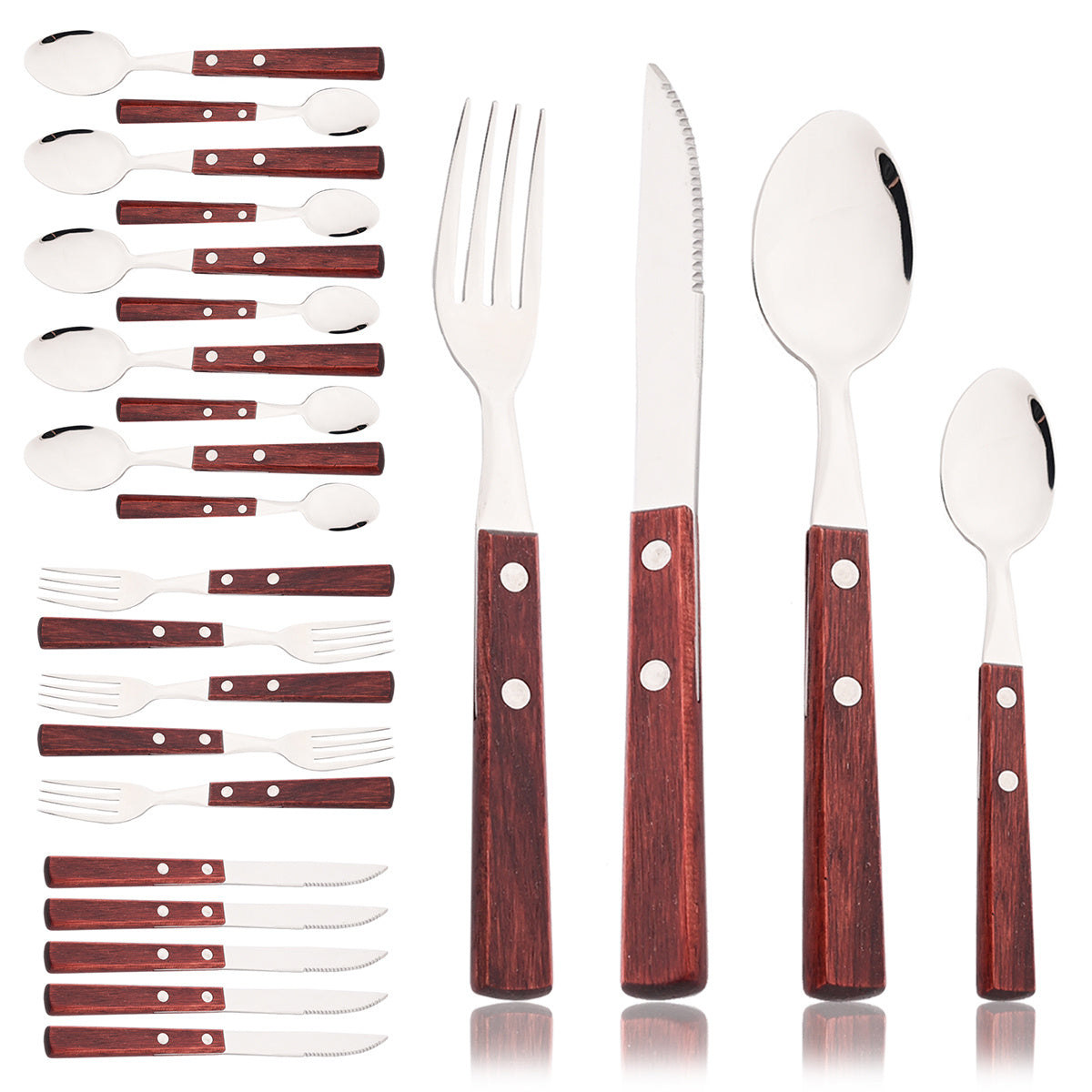 24-Piece Stainless Steel Cutlery Set with Wooden Handles – Mirror Polished Knife, Fork, Spoon & Tea Spoon – Vintage Flatware Set Service for 6 – Perfect for Home, Restaurant & Weddings