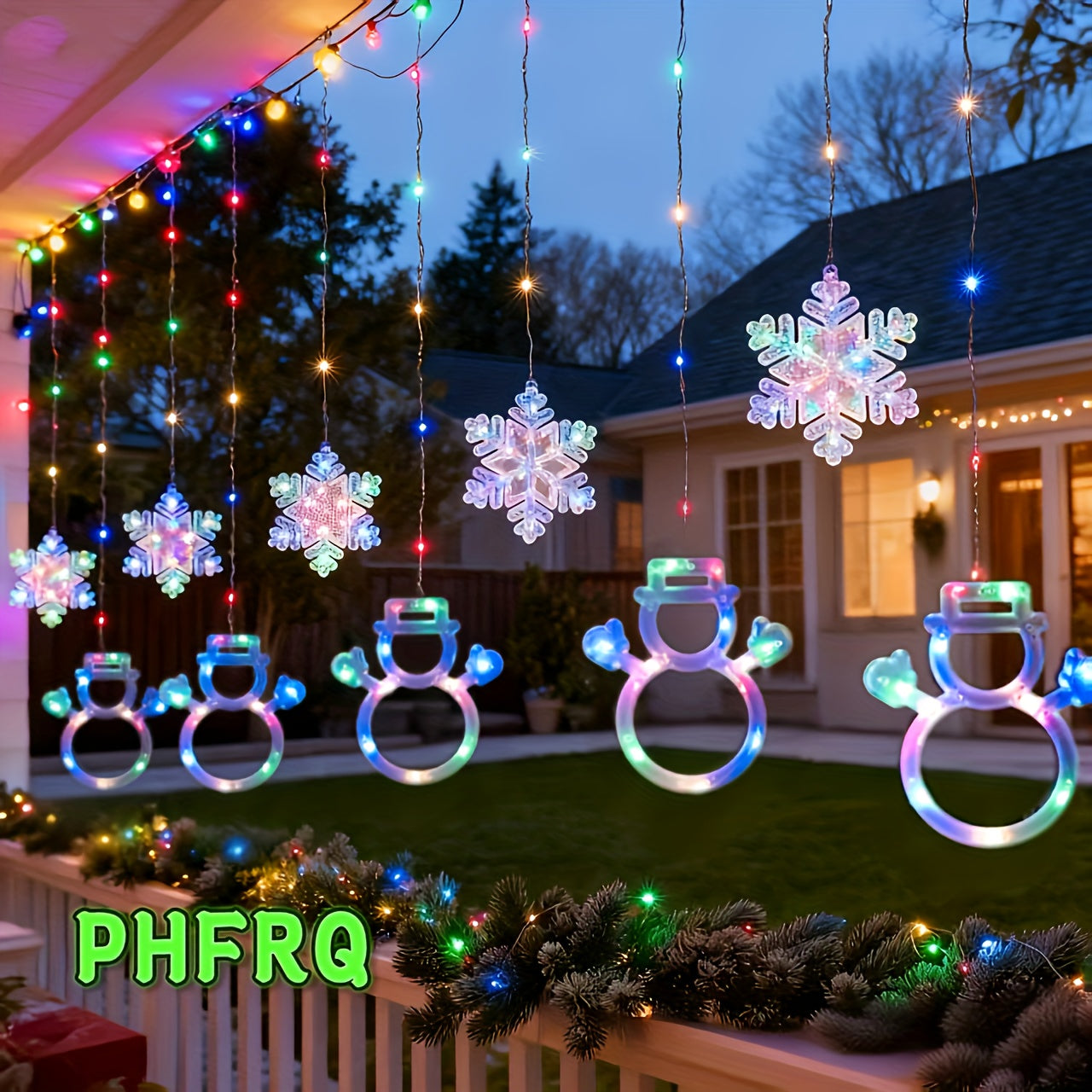 PHFRQ - 8种模式，DIY圣诞灯串LED圣诞灯-LED圣诞跨帘灯·圣诞装饰、户外节日装饰品、节日礼物、派对装饰必备-发光圣诞雪人雪花挂饰-圣诞氛围庭院户外窗户装饰吊坠-USB插电，暖光，彩光