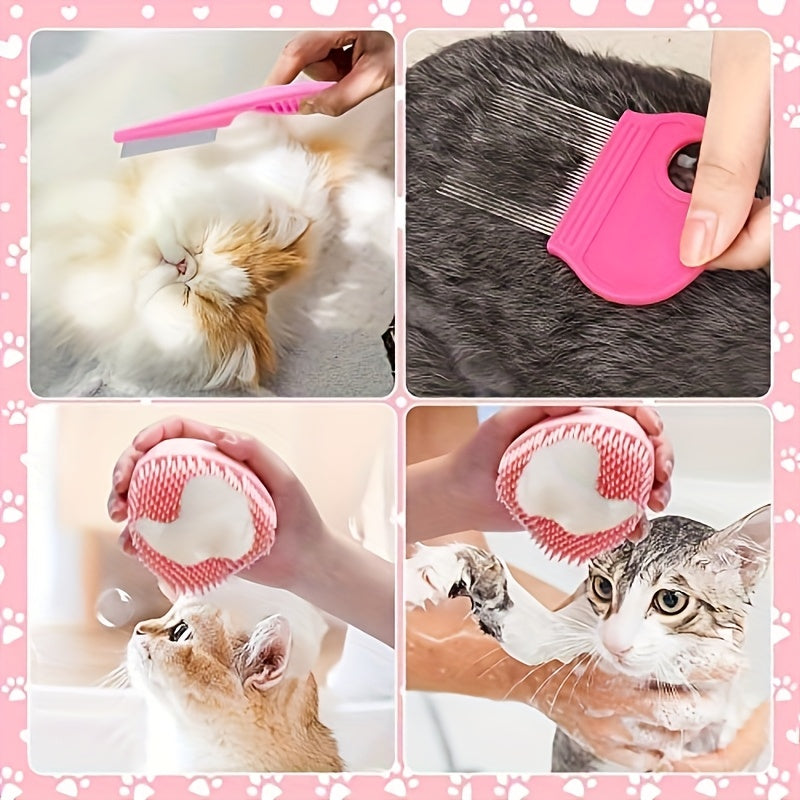 8pcs 猫刷美容套装、带宠物指甲刀和锉刀的宠物清洁套装、跳蚤梳、宠物洗发水刷、宠物脱毛刷和硅胶牙刷
