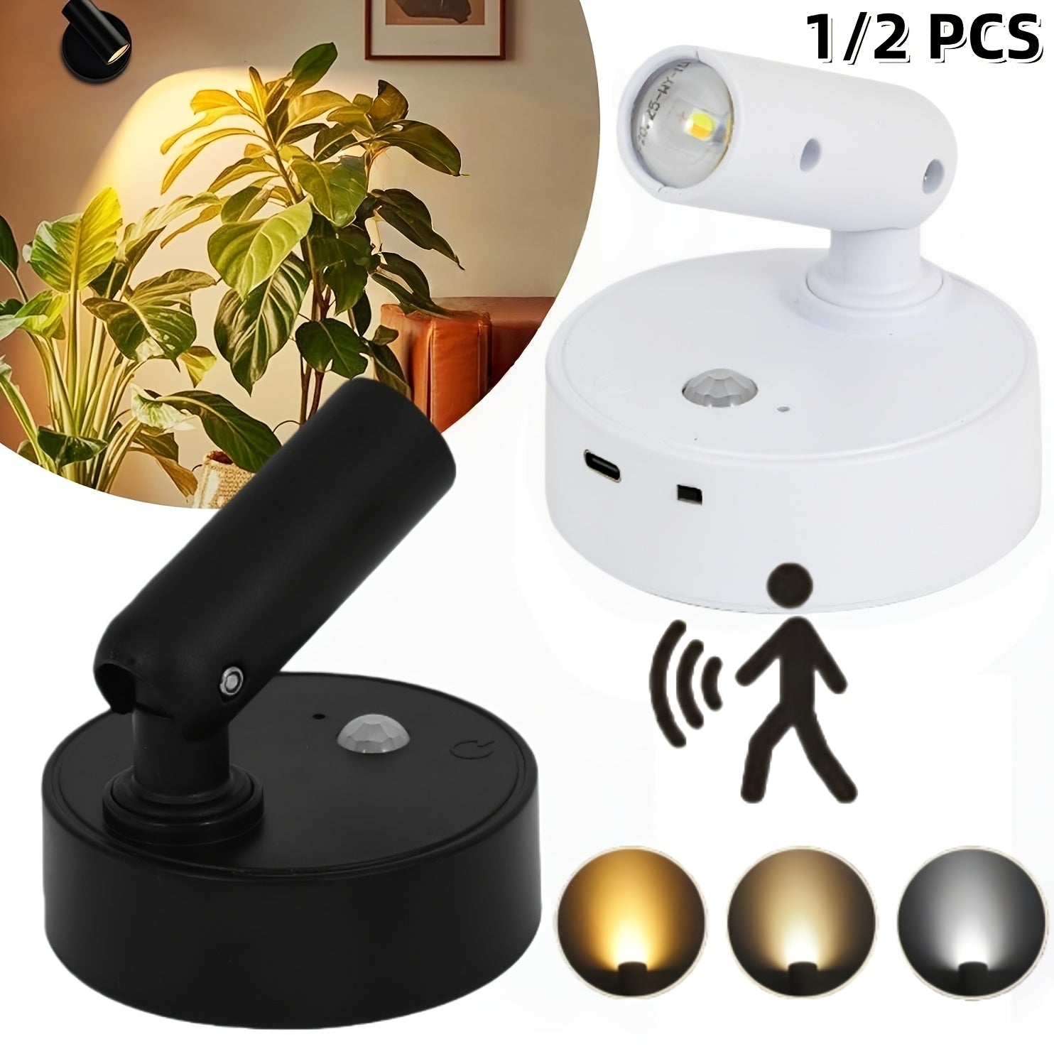 Tri-color temperature wireless motion sensor spotlight, magnetic wall light, high-efficiency sensor light, battery-powered rechargeable wall light, adjustable warm/cool/neutral light, indoor spotlight, suitable for hallways, photos, artwork display