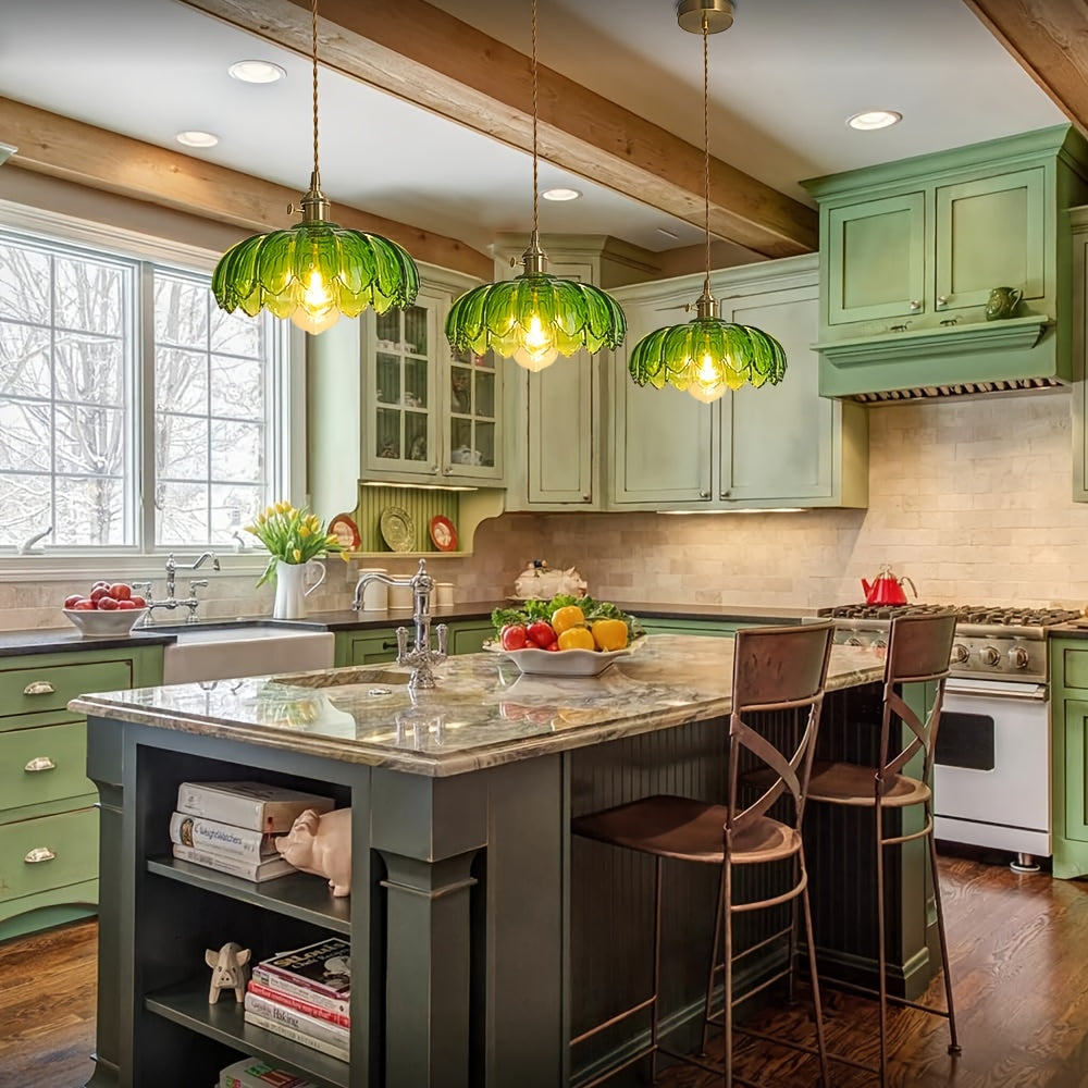Vintage Pendant Light - Hanging Light Green Glass Pendant Light W260*H1500 Adjustable, Small Green Pendant Light Suitable for Bedroom, Hotel, Restaurant, Kitchen and Hallway (Bulb Not Included) New Year/Valentine's Day