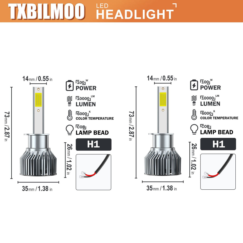 H1 TXBILMOO 2-Pack Combo LED Headlight Bulbs High/Low Beam Integrated High Brightness White Light 10000 Lumens