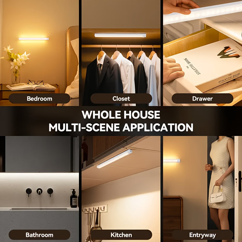 8-pack smart motion sensor LED light, household lighting LED tube, USB rechargeable + magnetic design, commonly used for cabinets, wardrobes, bookshelves, vanity tables, wireless, DIY night light. Bookshelf lighting