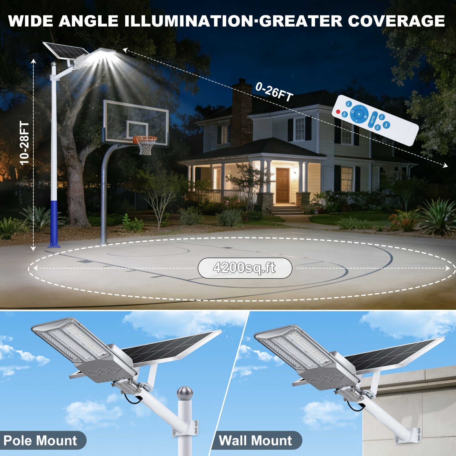 Commercial Grade Solar Street Light Dusk-to-Dawn IPX7 Waterproof Heavy Duty Security Floodlight for Street Courtyard 2/1 Pack