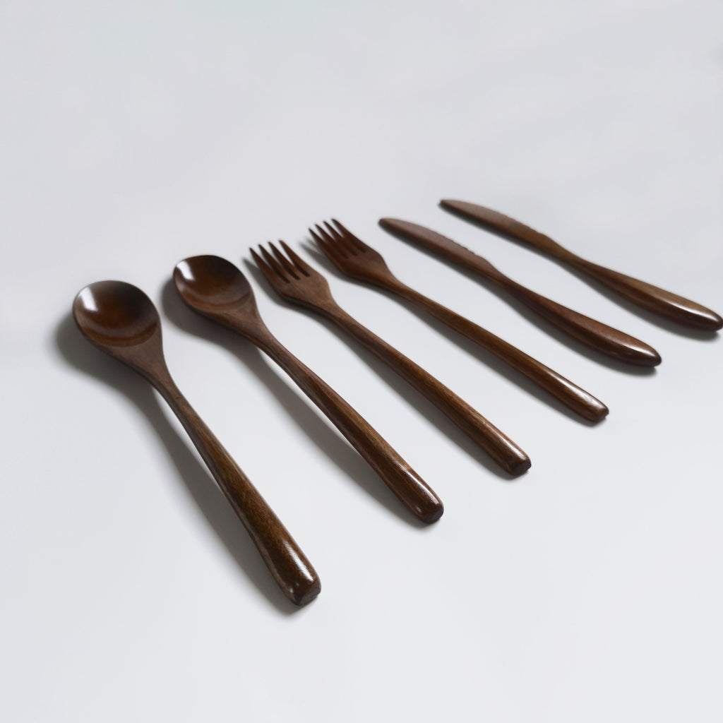 Handcrafted Nanmu Wood Cutlery Set – Solid Wood 22.5cm Knife, Fork & Spoon – Natural Wood Texture, Vintage Design, Simple Rustic Style Cutlery Set