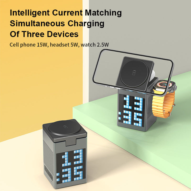 3-in-1 Quick Wireless Charging Station with BT Speaker and Alarm Stand, Battery Charger and Adapter
