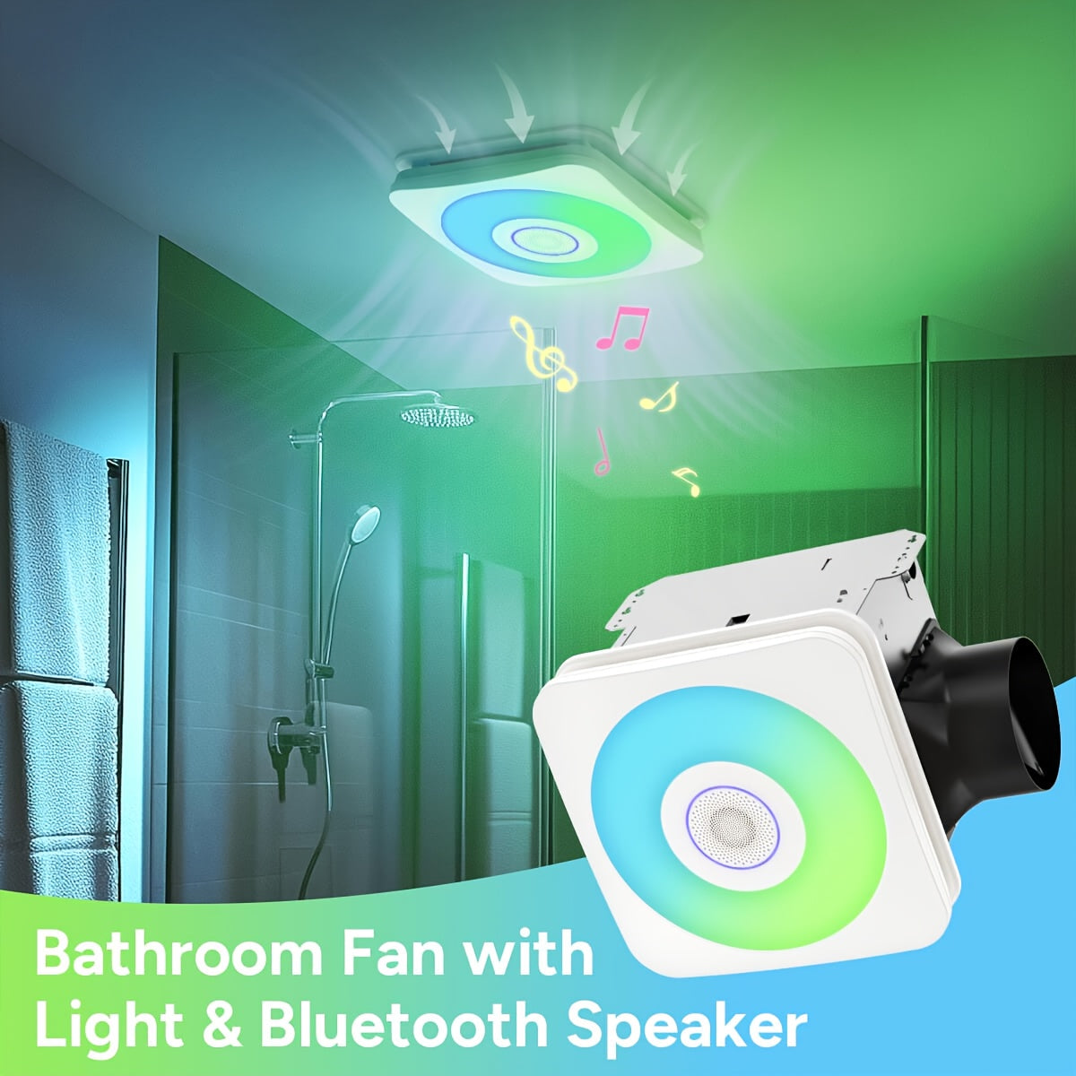 Modern Smart Bathroom Fan with Wireless Speaker & Remote Control - Ultra Quiet Dual Speed 110/160 CFM, 1500LM 3-Color Dimmable LED Light (2700K/4000K/6500K), Music Sync RGB Ambient Light