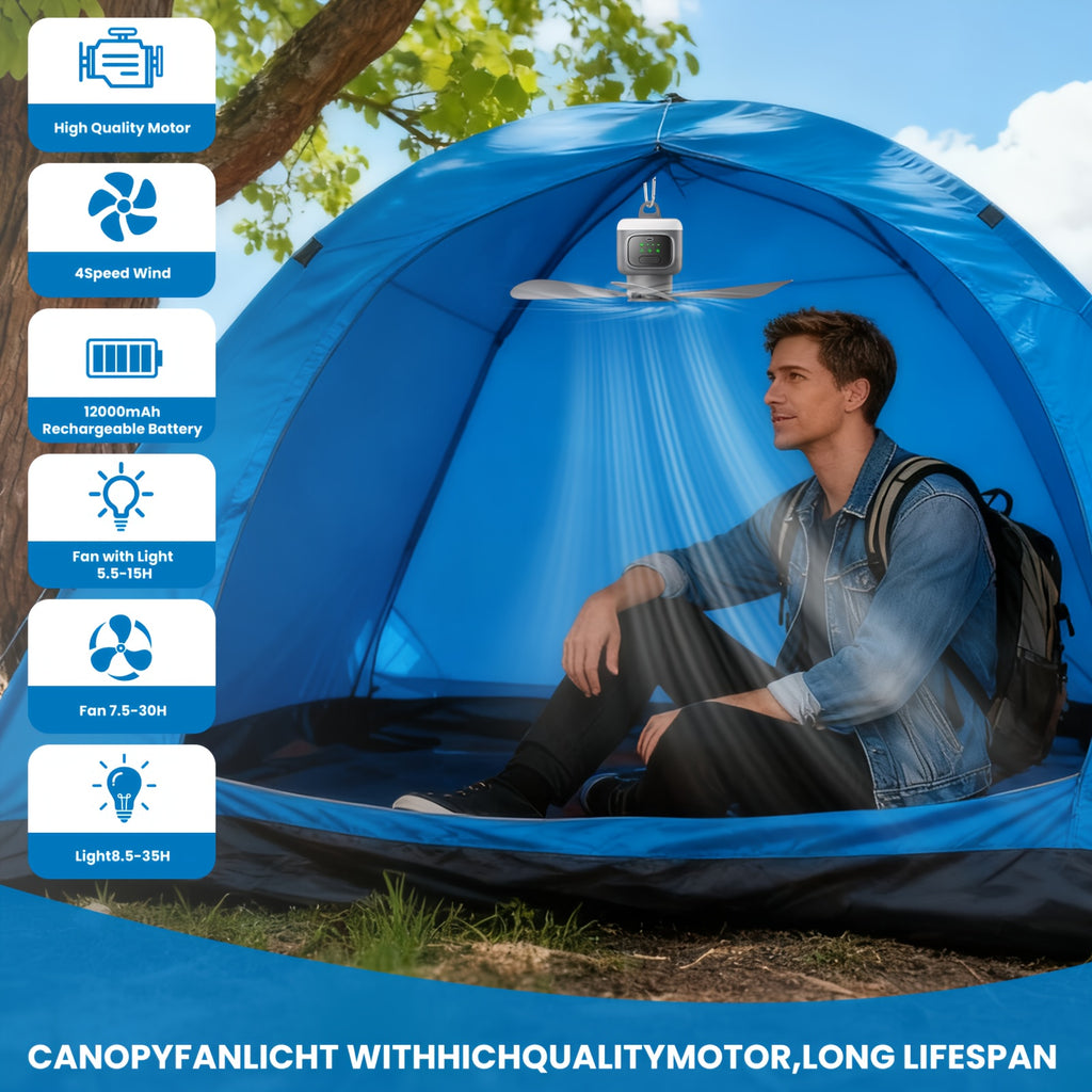 Outdoor Travel USB Charging Camping Fan, 3 Speed Adjustable, Built-in Light, 8 Hours Timer, Ultra Long 30H Battery Life 12000mAh, with Remote Control, Ideal for Patio Tent RV Use