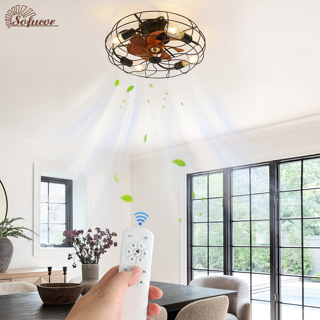 Sofucor 20" Industrial Black Recessed Cage Ceiling Fan, Indoor & Outdoor Use, Equipped with 7 ABS Blades and 4 E26 Bulb Sockets, Ideal for Living Rooms, Patios & Bedrooms