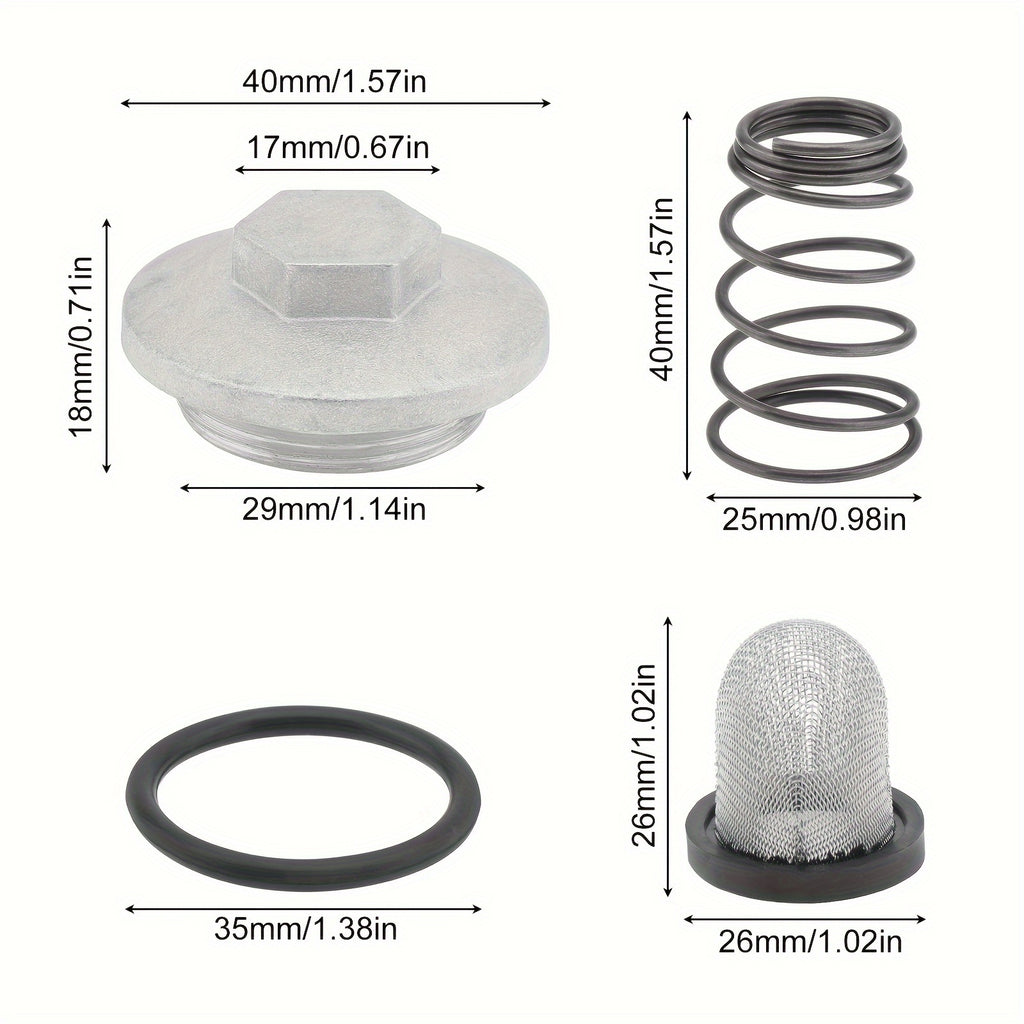 GY6 50cc 125cc 150cc Oil Drain Plug for QMB139 157QMJ Engine / Scooter – Complete Set with O-Ring, Spring, Oil Filter & Aluminum Oil Pan Screw Kit