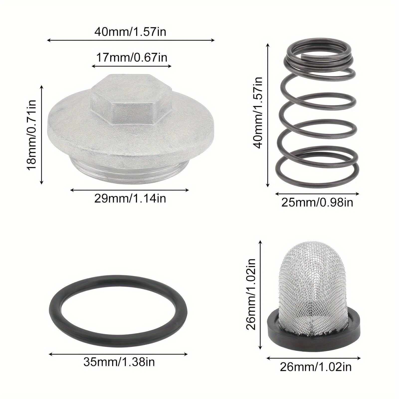 GY6 50cc 125cc 150cc Oil Drain Plug for QMB139 157QMJ Engine / Scooter – Complete Set with O-Ring, Spring, Oil Filter & Aluminum Oil Pan Screw Kit