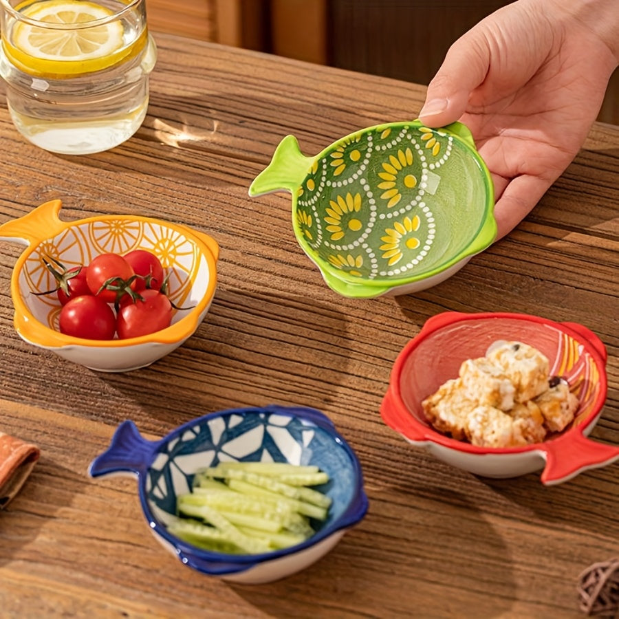 5pcs Creative Japanese-Style Fish-Shaped Sauce Dish, Dopamine Color Series Ceramic Plate, Dip Dish / Wasabi Dish / Snack Dish, Easy to Clean & Store, Oven Safe / Microwave Safe, Multi-Scene Use