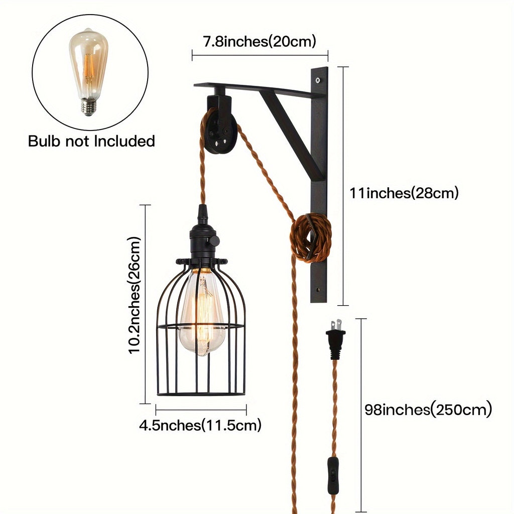 1/2-Piece Farmhouse Style Plug-In Pulley Pendant Light, with Brown Cord and Switch Wall Light