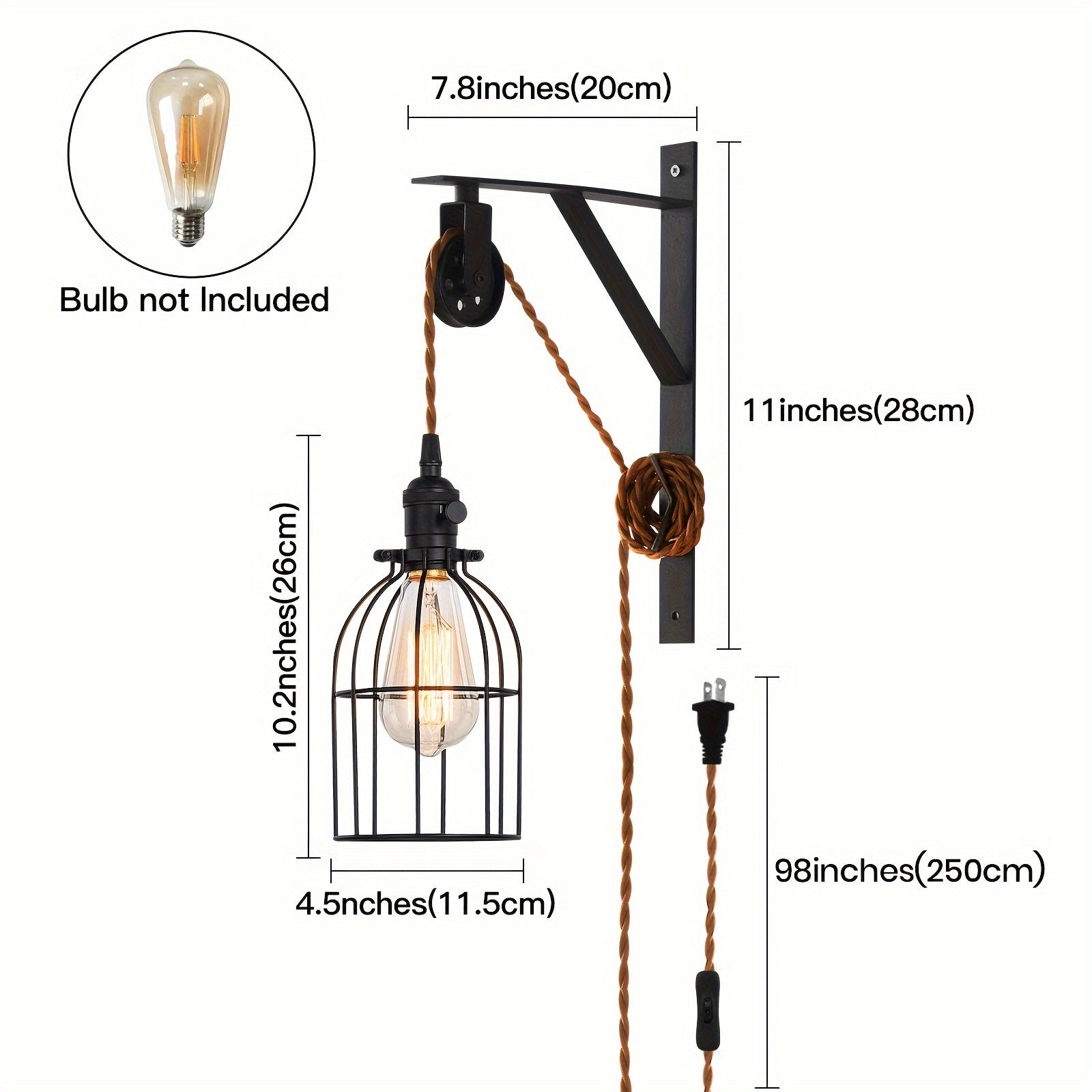 1/2-Piece Farmhouse Style Plug-In Pulley Pendant Light, with Brown Cord and Switch Wall Light