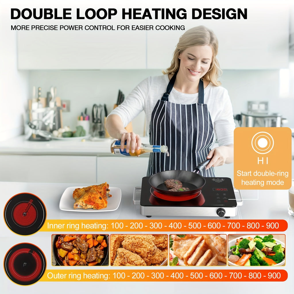 Electric Stove, Portable Single Burner Cooktop with Plug, Hot Plate Countertop Stove, 110V Infrared Burner, Child Safety Lock, Timer, Touch & Knob Control