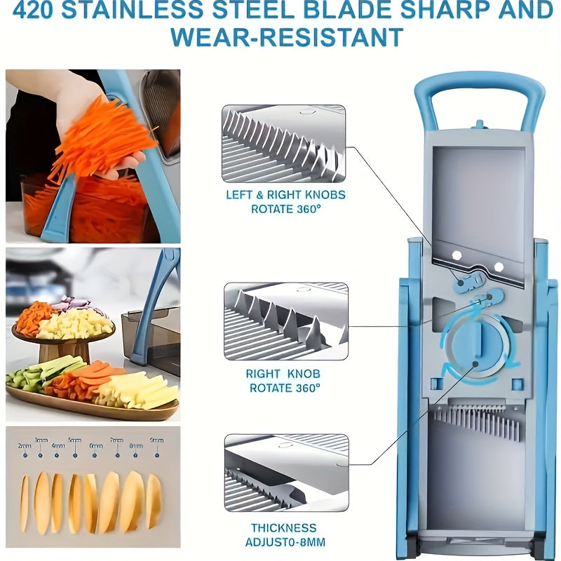 Manual Slicer with Stainless Steel Blades – Adjustable Thickness for Shredding & Dicing – Large Capacity Vegetable & Food Chopper – Rectangular Blade Design – No Electricity Required