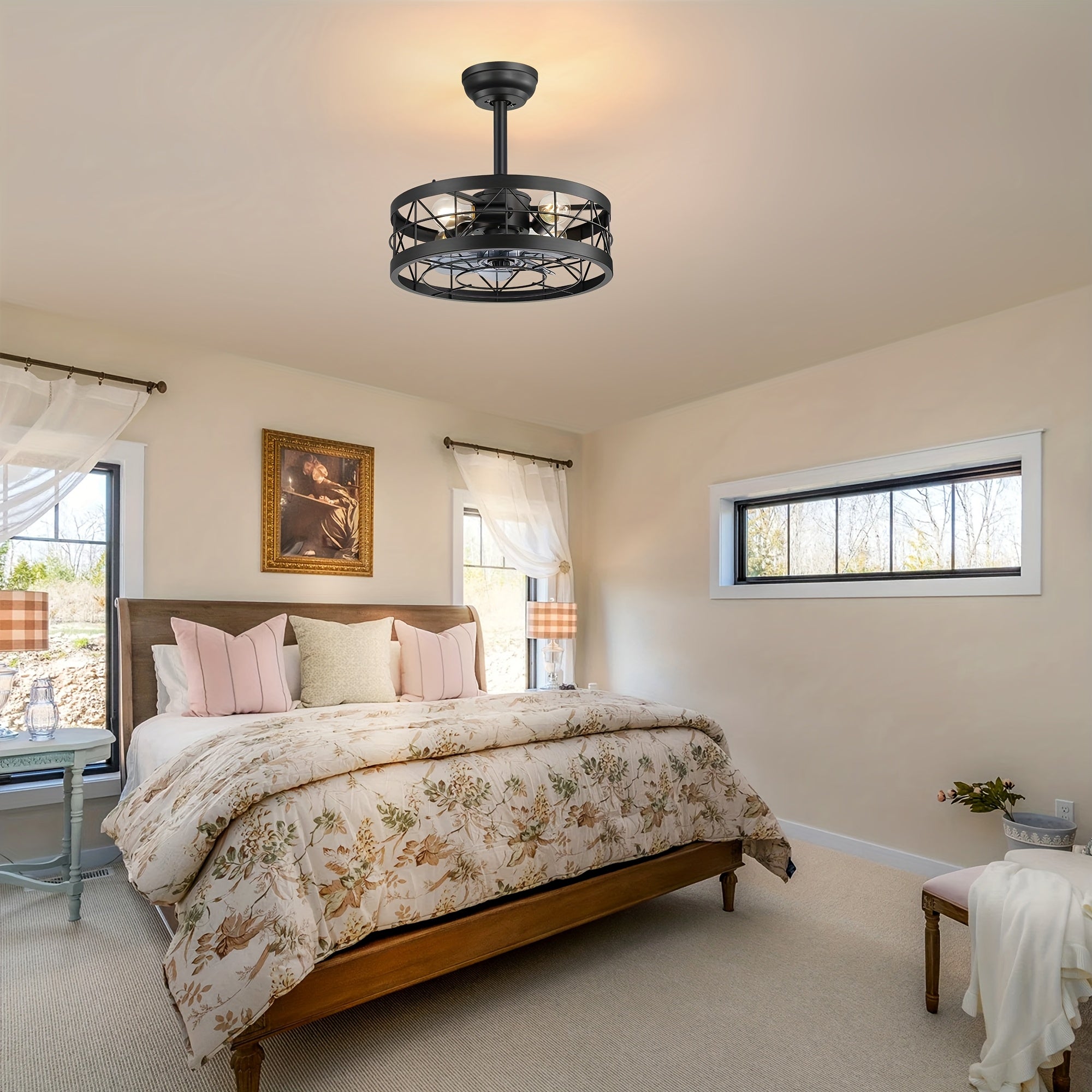 Caged Ceiling Fan with Light, 16.5In Farmhouse Enclosed Ceiling Fan, Remote Control, 6Speed, Black Industrial Ceiling Fan Light, Rural Farmhouse Ceiling Fan Light, for Indoor Bedroom Kitchen Dining Room