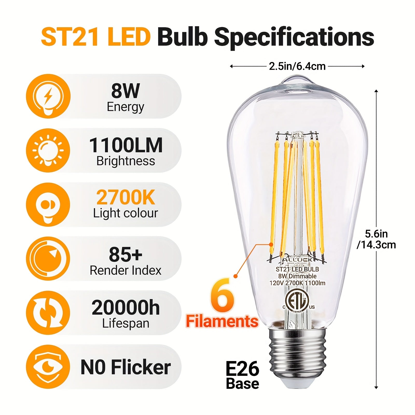 ALLU LED Edison bulb 8W, 1100 lumens dimmable LED bulb, 5000K cool white & 2700K warm white, 4000K daylight white, ST21/ST64 LED filament bulb, CRI 85+, E26 medium screw base, flicker-free, 6-pack, ETL certified
