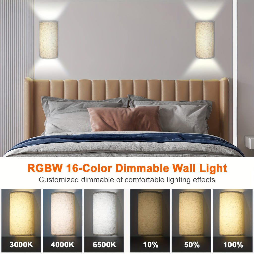 2-Pack 4400mAh Rechargeable Indoor Lampshade Wireless Wall Light, with USB Charging Cable and Remote Control, Dimmable, Timer Function, 3 Color Temperatures and 16 RGB Dynamic Modes, Suitable for Bedroom, Study