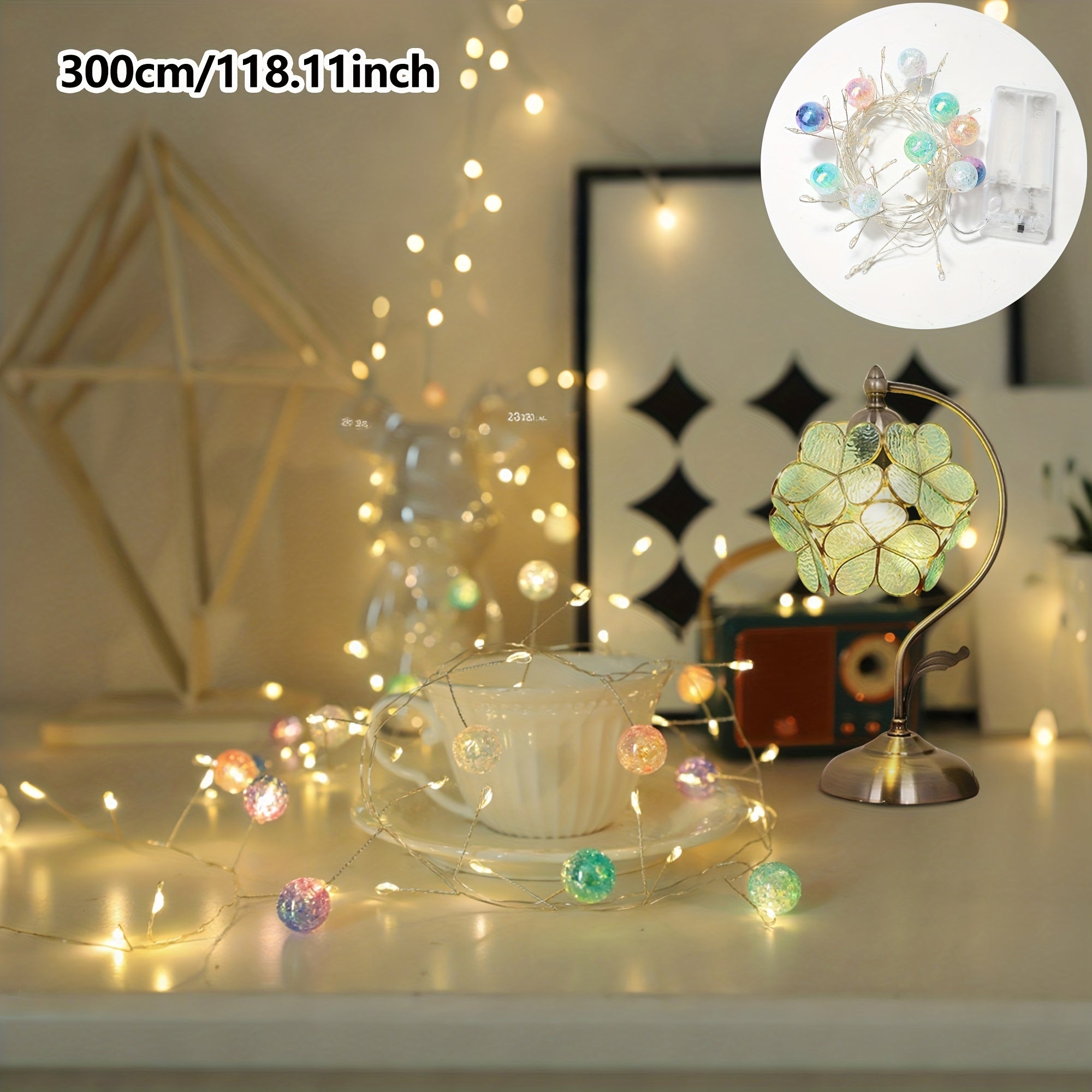 新款超长300厘米/118.11英寸LED渐变彩色冰裂球铜线装饰灯，带镭射珠子设计，适用于室内、办公室装饰、房间、派对、婚礼、礼物、毕业季装饰 - 无需电池