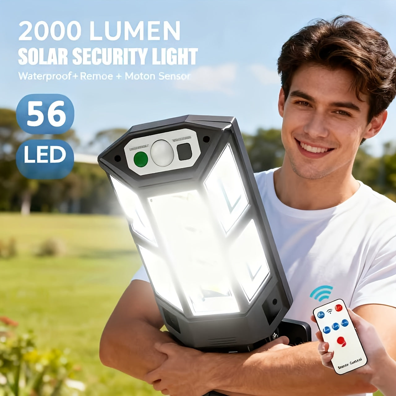 Commercial Solar Street Light with 56 LEDs, Designed for Outdoor Use, Engineered to Operate from Dusk to Dawn. These Solar Lights are Equipped with a Motion Sensor and Remote Control, Perfect for Parking Lots, Garages, Courtyards