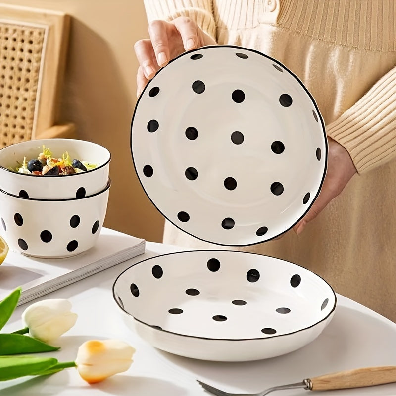 Vintage Polka Dot Ceramic Dinner Plate for Home Use, Microwave & Dishwasher Safe, Healthy Under-Glaze Craftsmanship, Perfect Home Décor & Kitchen Essential