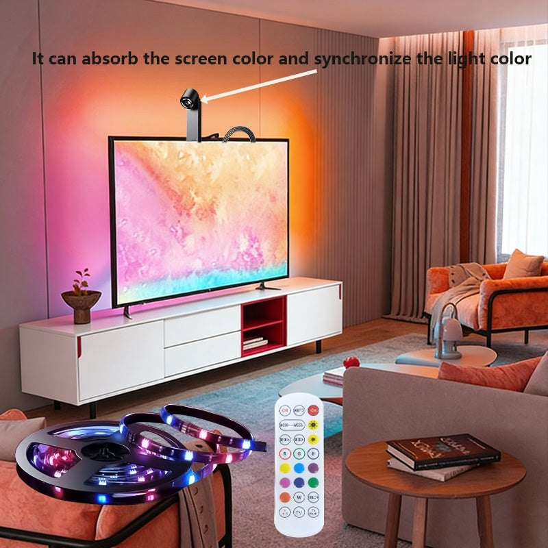 150inch USB智能LED灯带，带摄像头，适用于屏幕电视，电脑、大屏智能氛围灯带，舞台智能灯带，拾取屏幕色彩，LED条形灯与屏幕和音乐同步，遥控+线控