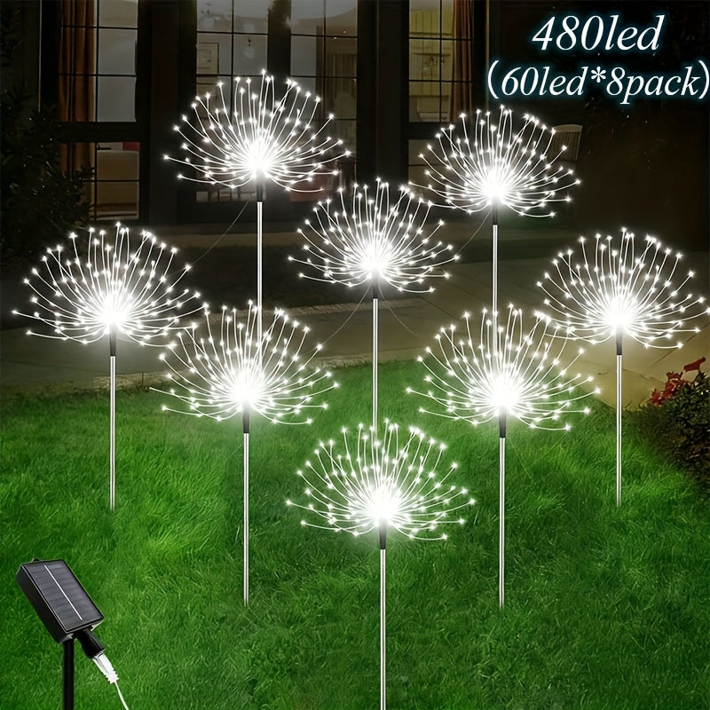 8包装480LED户外太阳能花园灯，升级版户外太阳能智能烟花灯，8种照明模式，适合花园庭院户外装饰，万圣节圣诞节户外装饰，配备智能传感器——光感传感器