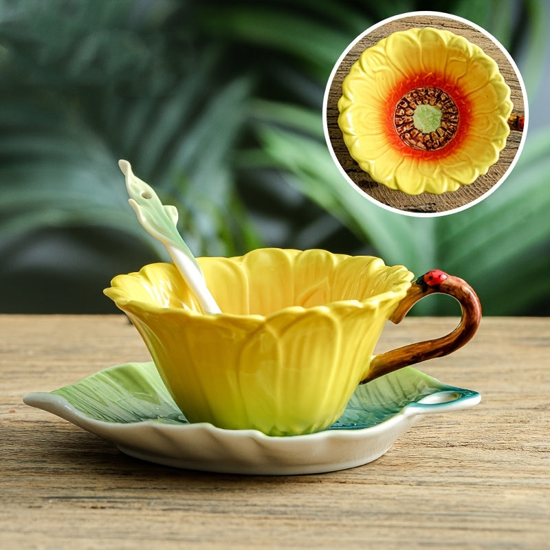 Elegant 3-Piece Ceramic Tea Set (Includes Tea Spoon, Cup & Saucer) – Vibrant Floral Pattern, Perfect for Home & Restaurant Use