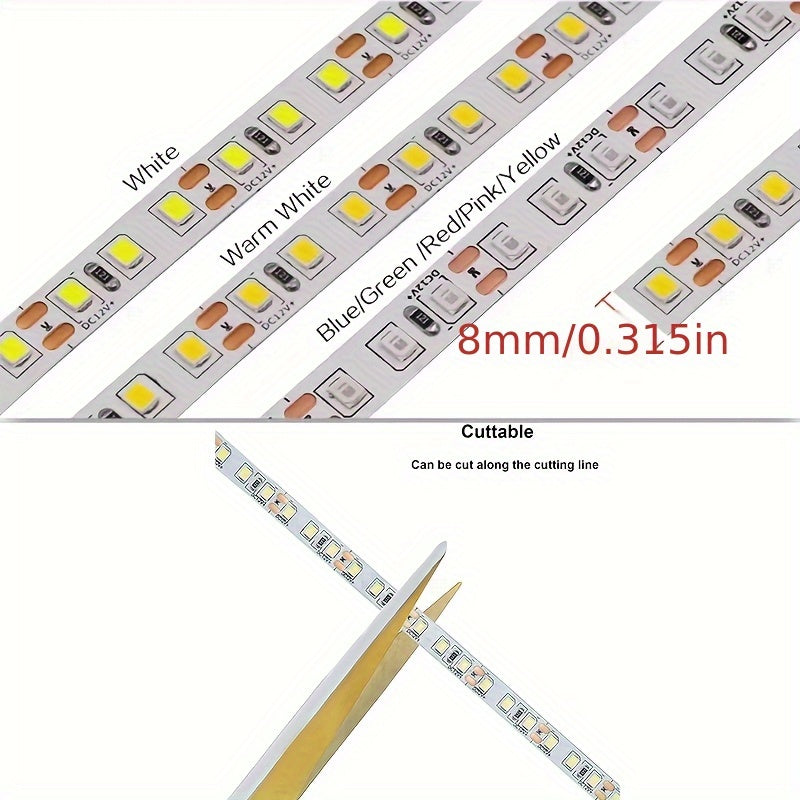 5M/16.4ft DC12V 600颗灯珠, 8mm宽 LED胶带灯自粘可裁剪高亮LED灯带，用于室内卧室客厅吊顶氛围灯带，生日圣诞派对装饰灯带, 家居厨房橱柜灯照明,舞台,商场,酒店,办公室柜下灯照明(无电源适配器)
