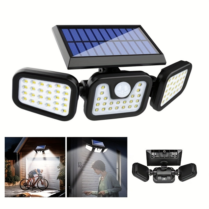 3-Head Solar Powered Triple Head Independent Wall Light - Outdoor Sensor! Yard Lighting. 3 Adjustable LED Heads Motion Activated, Dusk to Dawn Automatic ON/OFF. Emergency Lighting Mode, Energy Saving, Easy Installation