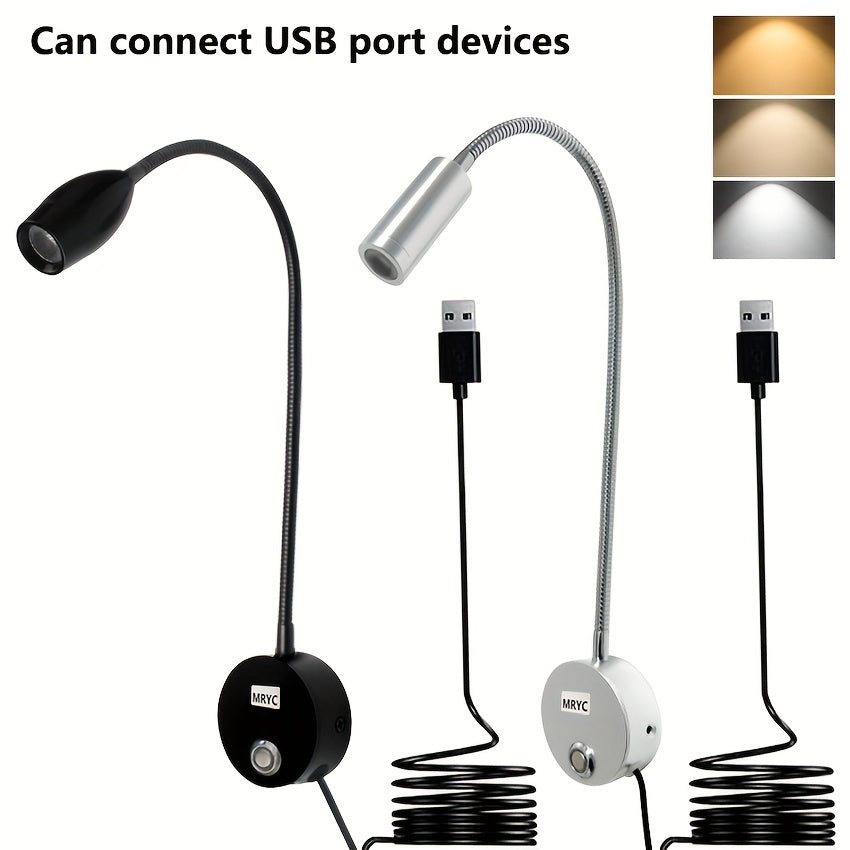 Reading light spotlight, wall-mounted lamp with flexible gooseneck, touch dimmable switch, three color modes, bedside night light suitable for bed, headboard, desk