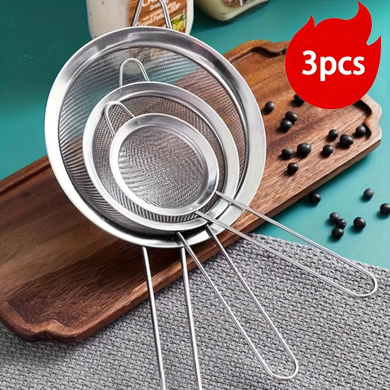 3Pcs Stainless Steel Fine Mesh Strainer Set, Precision Sieve for Juice, Flour, Pasta, Fruits and Vegetables, Effectively Separate Snack Oil, Essential Kitchen Baking Tool with 3 Sizes for Multi-purpose Use