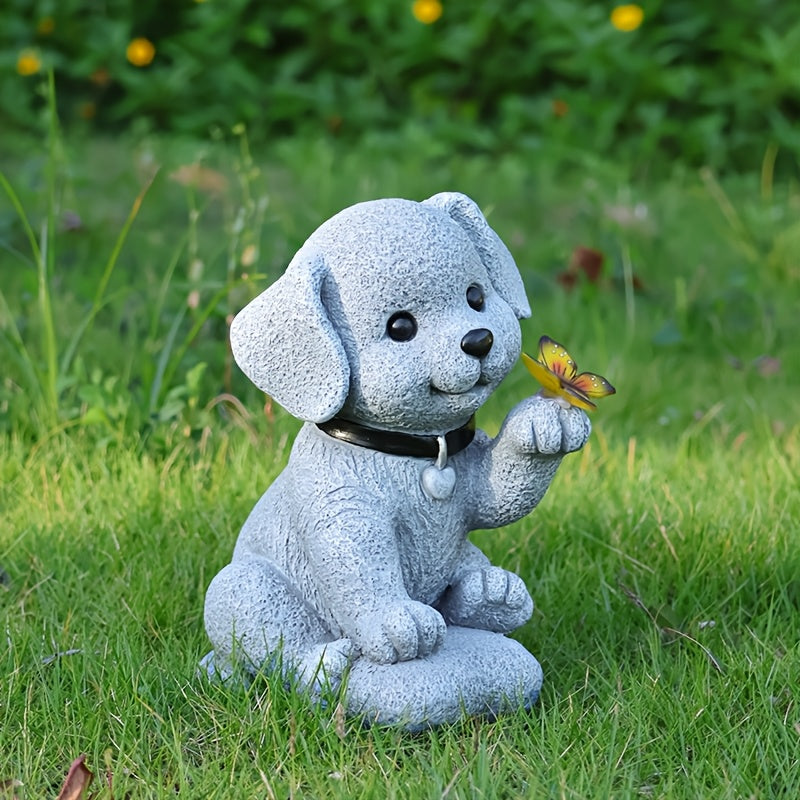One Solar Puppy Holding Butterfly Garden Statue Light - Resin Outdoor Decoration, Perfect for Courtyard, Patio, Balcony or Porch, Solar Garden Decor
