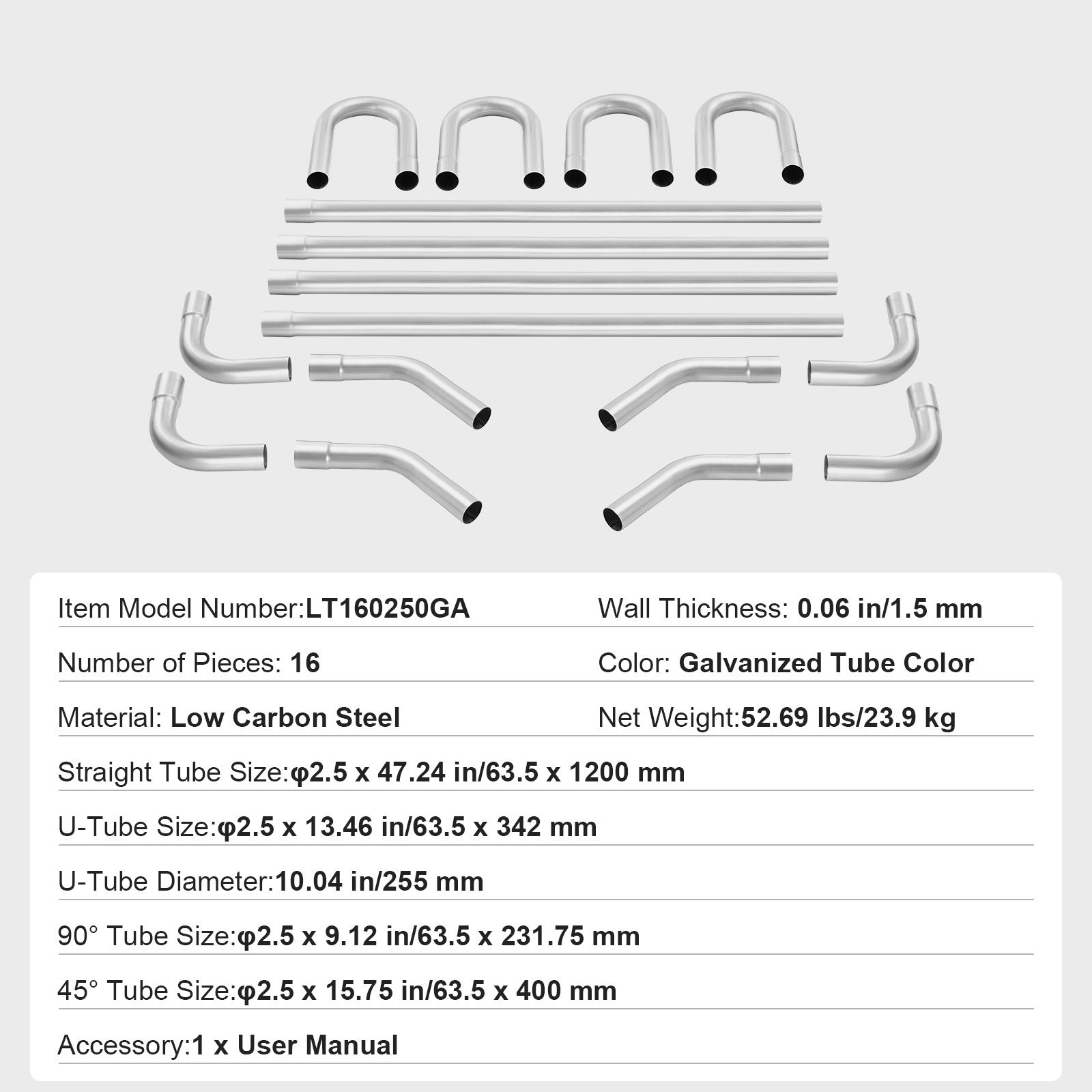VEVOR DIY Universal Exhaust Kit 8/16 Pieces 2/2.25/2.5 Inch Exhaust Pipe Kit with Slip-on Connectors