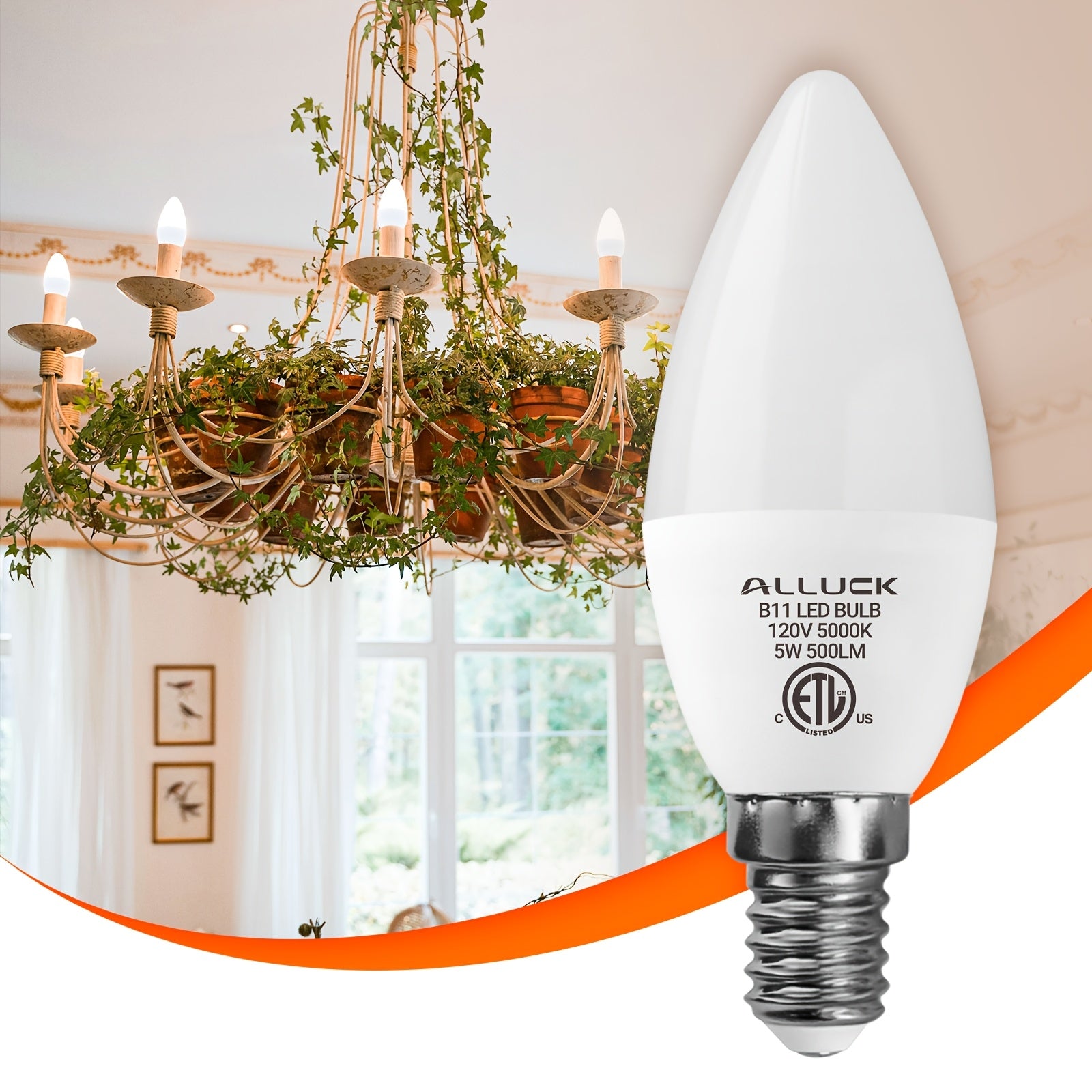 ALLU, 12-pack, B11/C37 LED candelabra bulb 5W 500 lumens (50W equivalent), E12 base, CRI 85+, 3000K/5000K/6500K color temperature, AC110-130V non-dimmable, suitable for home, bar, restaurant and hotel decoration