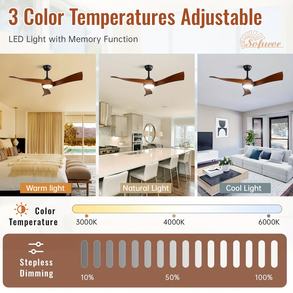 Sofucor 52 Inch Large Modern Ceiling Fan with Light, Smart Remote Control Ceiling Fan, 3 Solid Wood Blades, Reversible DC Motor, 6 Speed Settings, 1/4/8 Hour Timer, LED Lighting