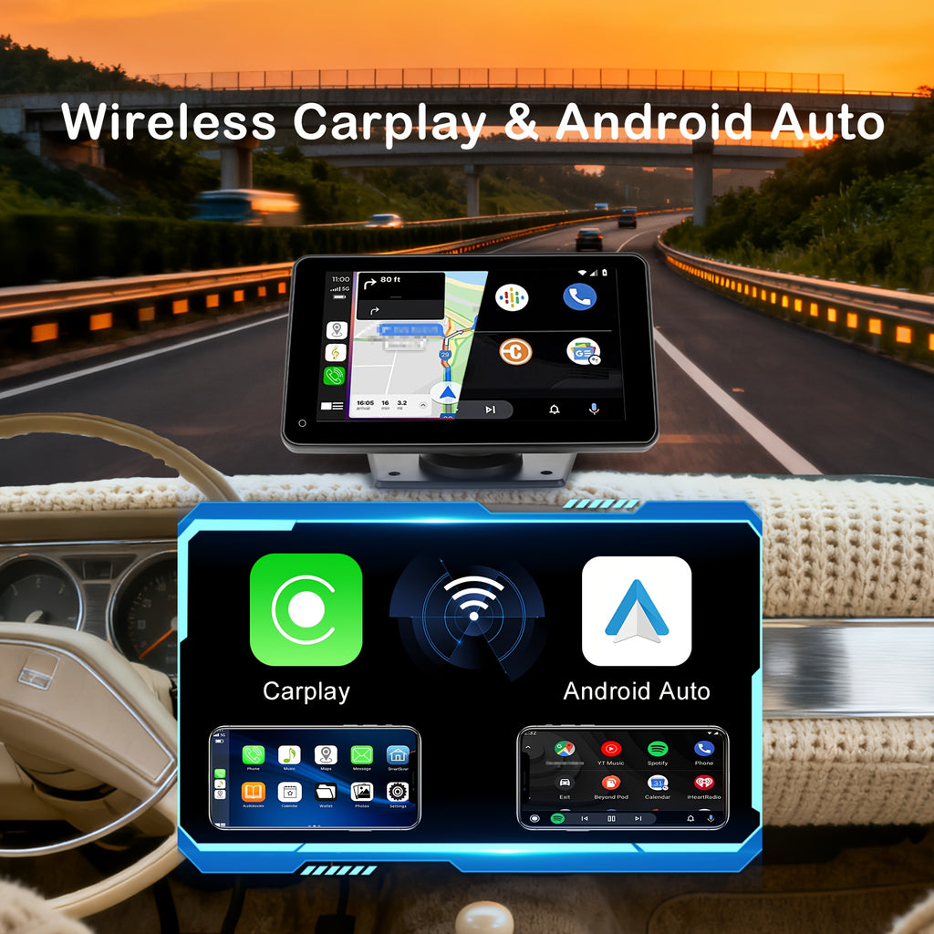 Plympton 7-Inch Portable Car Carplay Display, Android & Carplay Dual System Car Touchscreen, 2026 Portable Car Navigation System, Car Display, Multimedia Functions, Voice Control, Bluetooth Connection, Screen Mirroring