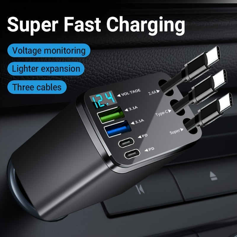 The 7-in-1 Car Fast Charger Adapter Comes With 3 Type-C Data Cables, Which Can Be Extended Freely And Rotate 180°. It Features LED Intelligent Display And Anti-tangling Design. It Is A Must-have For Vehicles.