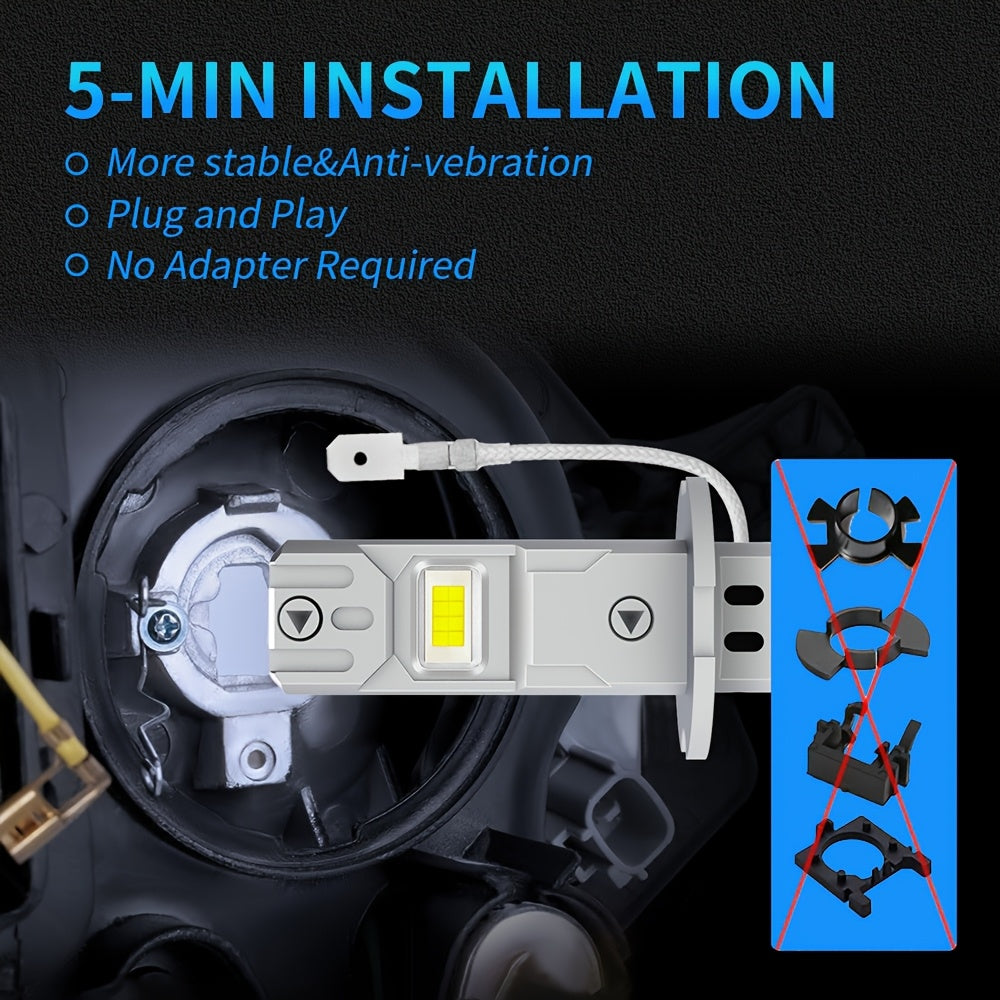 2025 Newest Ultra H3 LED Bulbs, Super Bright H3 1:1 Mini Size, Ultra-Stable Power 18000LM 6500K Fanless H3 LED Bulbs, Plug-and-Play, No Adapter Needed, Non-Polarity, 2-Pack
