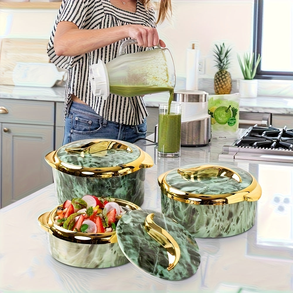3-Piece Gold Touch Insulated Dinnerware Set – Stainless Steel Hot & Cold Food Bowl with Lids, Portable Thermos (Home Use), Office Lunch Container, Hot Pot Tableware