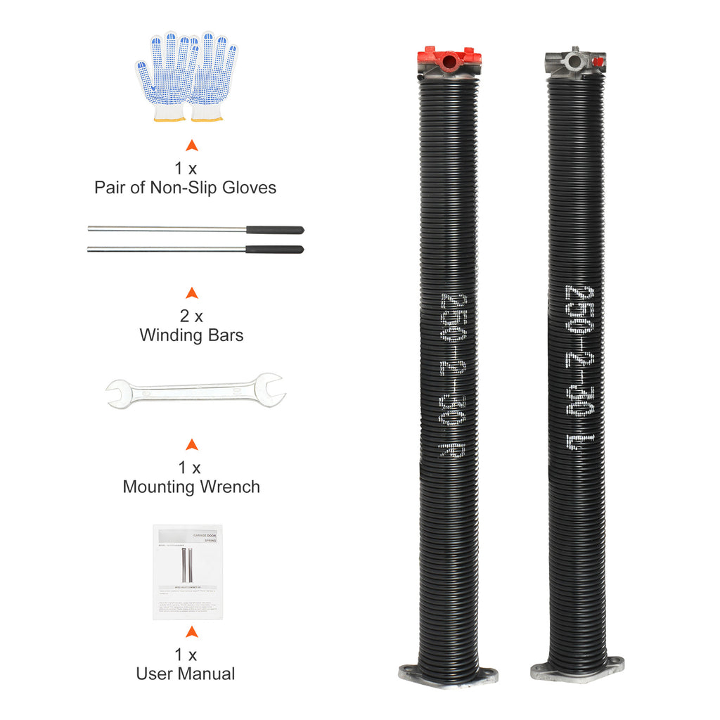 Garage Door Torsion Spring, 16,000 Cycles, 0.25 x 2 x 30in / 0.207 x 2 x 22in / 0.218 x 2 x 24in / 0.218 x 2 x 23in, with Non-Slip Winding Bars, Installation Tools and Gloves, Electrophoretic Coating, for Replacement