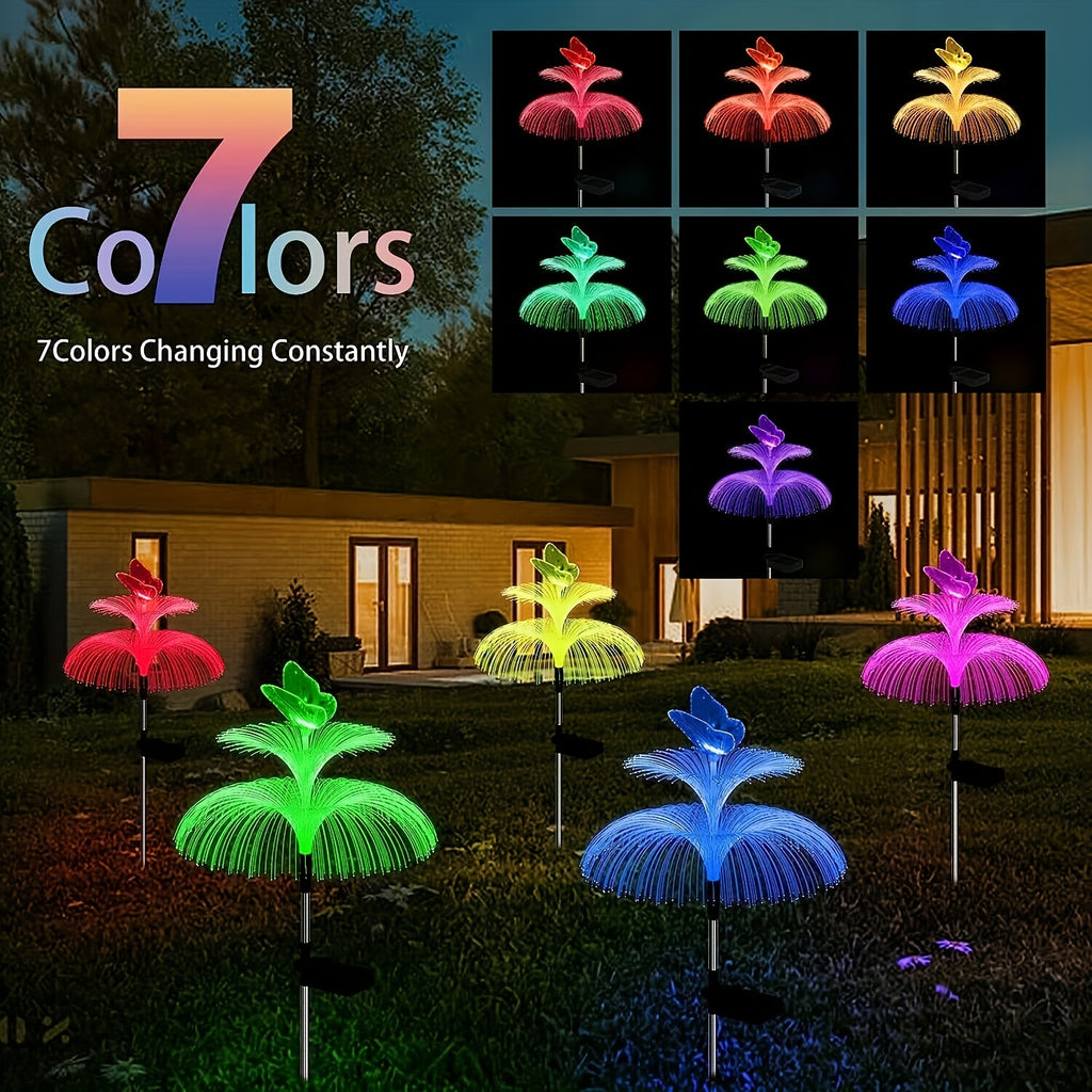 Solar Garden Light 4-Pack Solar Outdoor Decorative Light 7 Color Changing Double Jellyfish and Butterfly Flower Garden Decoration Courtyard Christmas Pool Outdoor Decoration, Gift for Mother and Women