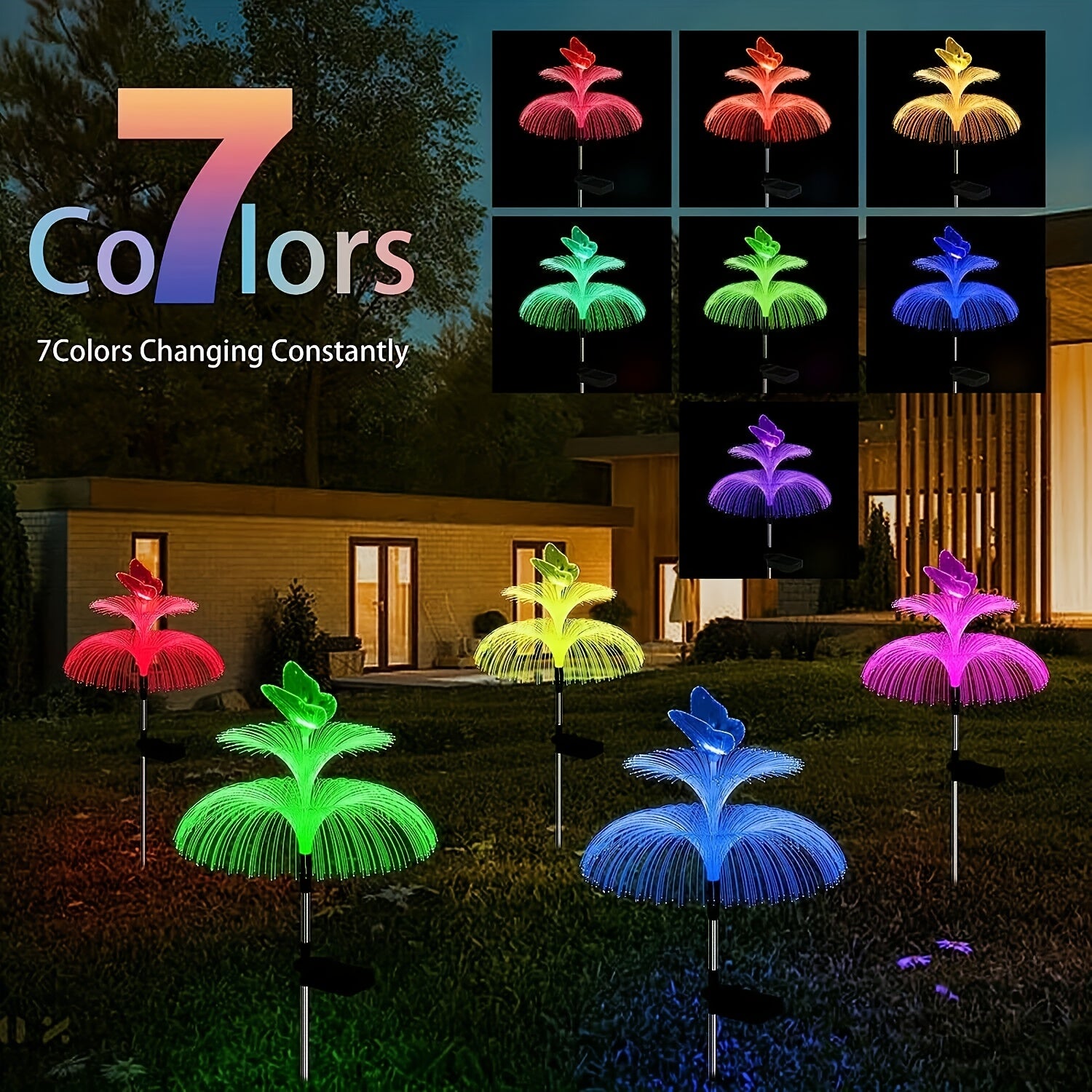 Solar Garden Light 4-Pack Solar Outdoor Decorative Light 7 Color Changing Double Jellyfish and Butterfly Flower Garden Decoration Courtyard Christmas Pool Outdoor Decoration, Gift for Mother and Women
